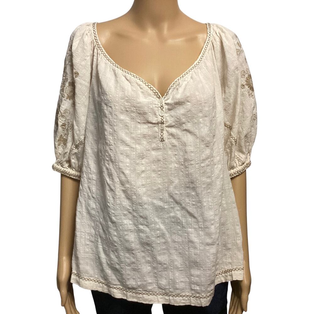 Max Studio London Embroidered Peasant Blouse beige Puff Sleeve‎ Boho Top L